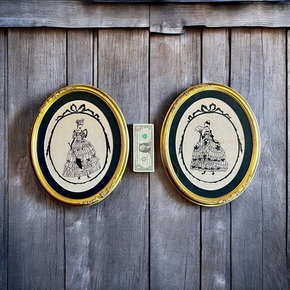Vintage Needlepoint Silhouette Pair-Oval Gold Frame-Wall Art-Embroidery-Portrait - Picture 4 of 7
